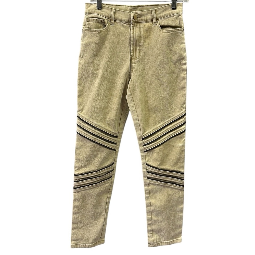 DG2 Diane Gilman Zipper Detail Khaki Stretch Denim Moto Jeggings Womens 4